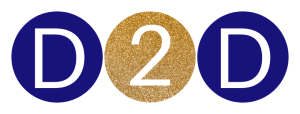 D in blue circle, 2 in a gold circle, D in a blue circle. Destined 2 dance studio logo 